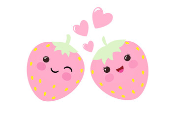 Bright cute adorable strawberry couple in love, one is winking and other is smiling with crown. Valentine Day greeting card. Premium quality vector design template.