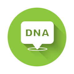 White DNA symbol icon isolated with long shadow. Green circle button. Vector