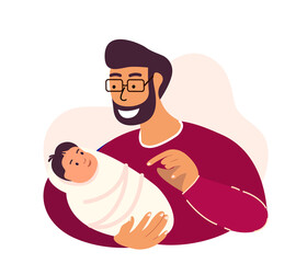 Smiling Father Lulling Newborn , Playing and babysit his Kid Baby Child Daughter or Son.Young Adult Parent.Baby Girl Flying on Dad Hands.Man,Little Child Kid.Happy Father Day.Flat Vector Illustration