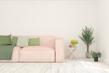 White living room with sofa. Scandinavian interior design. 3D illustration