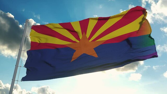 Flag of Arizona and LGBT. Arizona and LGBT Mixed Flag waving in wind