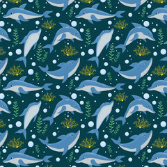  marine vector pattern with dolphins, algae and corals on a dark blue background