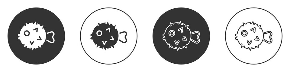 Black Fish hedgehog icon isolated on white background. Circle button. Vector