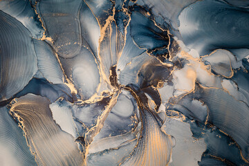 High resolution. Luxury abstract fluid art painting in alcohol ink technique, mixture of dark blue, gray and gold paints. Imitation of marble stone cut, glowing golden veins. Tender and dreamy design. - obrazy, fototapety, plakaty