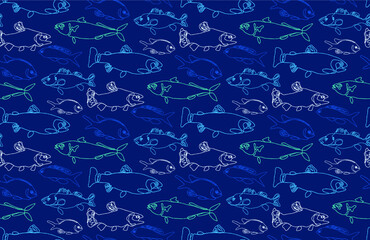 Seamless pattern of linear fish on a blue background