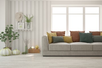 Soft color living room with sofa. Scandinavian interior design. 3D illustration