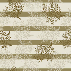 Random vintage seamless pattern with doodle tree silhouettes ornament. Grey and brown striped background.