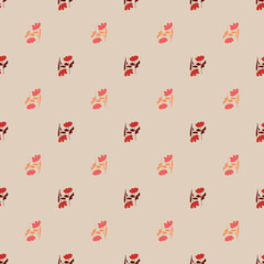 Vintage seamless pattern with hand drawn red simple flowers elements. Grey pastel background.