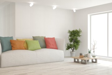 White living room with sofa. Scandinavian interior design. 3D illustration