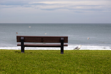 Fototapeta na wymiar View of a bench, Peterhead, Aberdinshire, Scotland, UK.