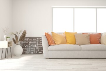 White living room with sofa. Scandinavian interior design. 3D illustration