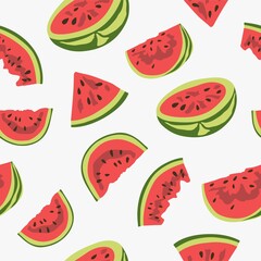 Seamless natural summer pattern,  watermelons on a white background. Hand drawing. Design for textiles, wallpapers, printed products. Vector illustration
