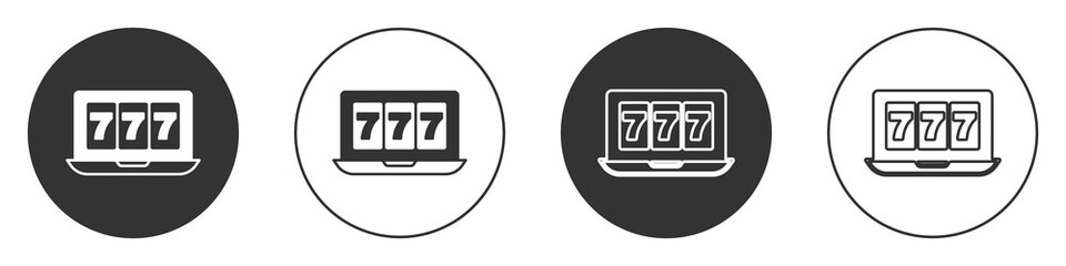 Black Online slot machine with lucky sevens jackpot icon isolated on white background. Online casino. Circle button. Vector