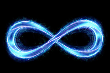 infinity sign hologram in blue isolated on dark background - obrazy, fototapety, plakaty