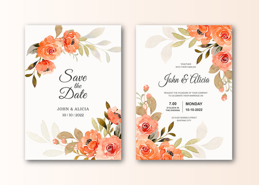 Save the date. wedding invitation card with watercolor rose flower