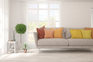 White living room with sofa. Scandinavian interior design. 3D illustration