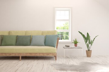 Soft color living room with sofa. Scandinavian interior design. 3D illustration