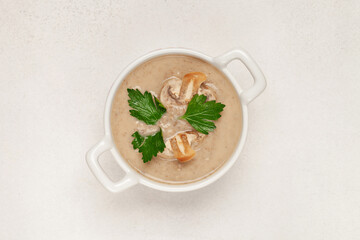 Homemade mushroom soup in bowl on the table. Top view.