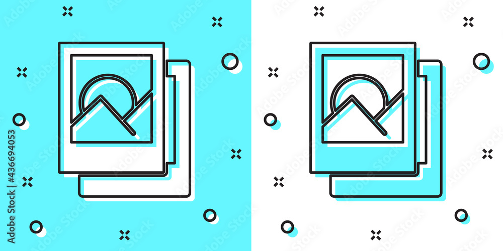 Poster black line photo frame icon isolated on green and white background. vintage empty photos frame. rand