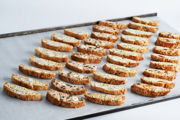 Assorted Biscotti Cantucci Biscuits, italian dessert cookies close up, selective focus, copy space. Homemade bakery confectionery concept.