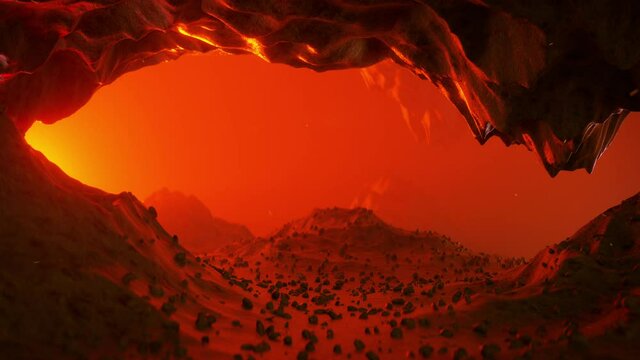 Cave on red planet or post-apocalyptic earth. 3D render animation