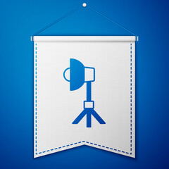 Blue Studio light bulb in softbox icon isolated on blue background. Shadow reflection design. White pennant template. Vector
