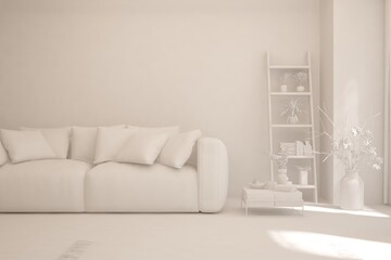White minimalist living room with sofa. Scandinavian interior design. 3D illustration