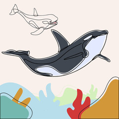 minimalist line art style orca whale illustration and one line art with earth tone. creative for wall decoration  postcard or brochure cover design and cover book .editable and suitable for templates.