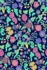 Floral seamless background pattern. Ethnic vector illustration. fantasy flowers and birds. Oriental style