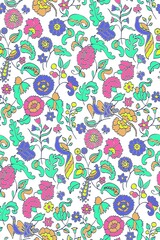Floral seamless background pattern. Ethnic vector illustration. fantasy flowers and birds. Oriental style