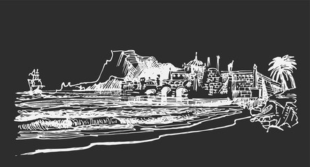 Hand drawing old town on the beach. Vector