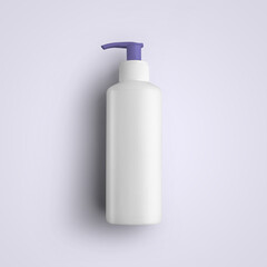 3D rendering blank white cosmetic plastic bottle with purple dispenser isolated on grey background. fit for your mockup design.