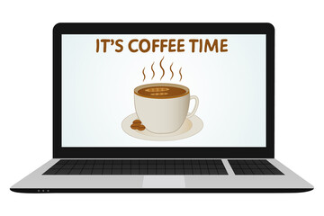 It's coffee time vector illustration in flat cartoon style. A mug and text inside a laptop computer. Breakfast, coffee shop, and work break concept.
