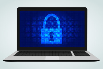 Abstract cyber security vector illustration in flat style. Lock and matrix binary numbers in a laptop computer. Privacy,protection,safety concept.