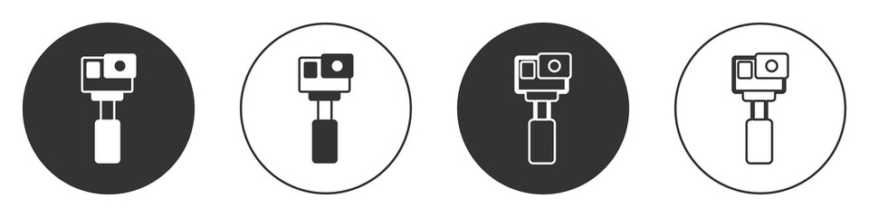 Black Action extreme camera icon isolated on white background. Video camera equipment for filming extreme sports. Circle button. Vector