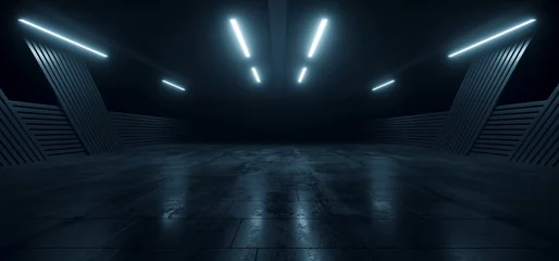 Unterirdischer Beton Hangar Tunnel Garage realistischer Hintergrund Showroom Sci Fi futuristisch modern Grunge Alien Lagerhalle Flur Asphalt dunkle Lichter 3D-Rendering © IM_VISUALS