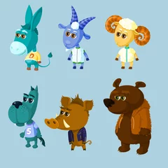 Fotobehang Animals in cartoon style isolated. Domestic animals - sheep, goat and donkey. Wild animals - bear, wild boar and wolf. The animals are dressed and stand on their hind legs. Funny and colorful. © Oksana_Skryp