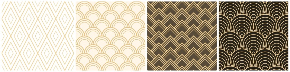 Collection of vector seamless luxury patterns. Ornamental geometric repeatable backgrounds. Simple golden creative textures - endless design