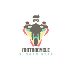 Modern motorcycle logo with the concept of asbtract diamond shield and spectacles represents driver. Vector illustration of land transportation. Motorbike design for emblem, print, template, sticker