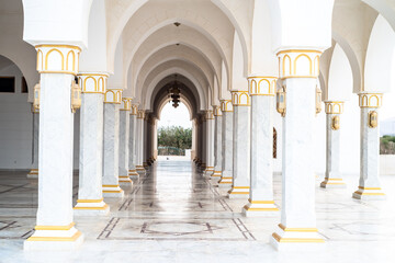 Classic architecture elements. Building with many column and arch