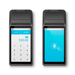 Vector Realistic Black 3d Payment Wi-Fi Machine. POS Terminal Closeup Isolated on White Background. Design Template of Bank Payment Terminal, Mockup. Payments Device. Top View - obrazy, fototapety, plakaty