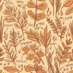 Herbs pattern - hand-drawn childish seamless pattern - for kitchen  fabric, wrapping, textile, wallpaper, background.