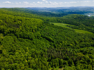 Panoramic View Over Bieszczady Mountains Park in Poland. Green Hills and Meadows. Drone view