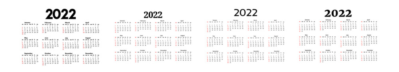 Calendar for 2022 isolated on a white background