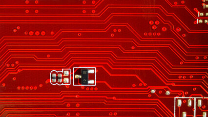 Tracks on a red textolite board. Backdrop or background. Technical illustration. Macro. Selective focus