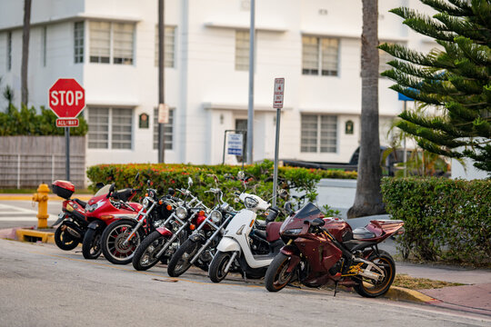 Street parking motorcycles and scooters Miami Beach