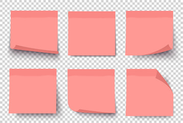 УсPink note paper post on transparent grey background. Sticker set on wall. Notepad. Vector realistic 3d illustration. Sticky note collection with curled corners and shadows.тройства - 436698822