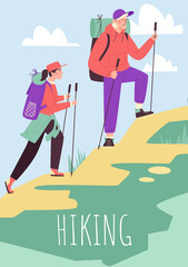 Couple man and woman are hiking in mountains, together climbing on rock.