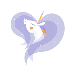 White dreaming unicorn head on white background. Heart blue mane, magic stars. Cute rainbow cartoon animal. Pony with horn. Unicorn logotype, t-shirt print  etc. Cute childish horse with magical horn.