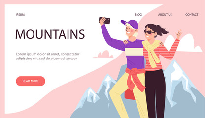 Couple man and woman are hiking in mountains and doing selfy on top of rock.